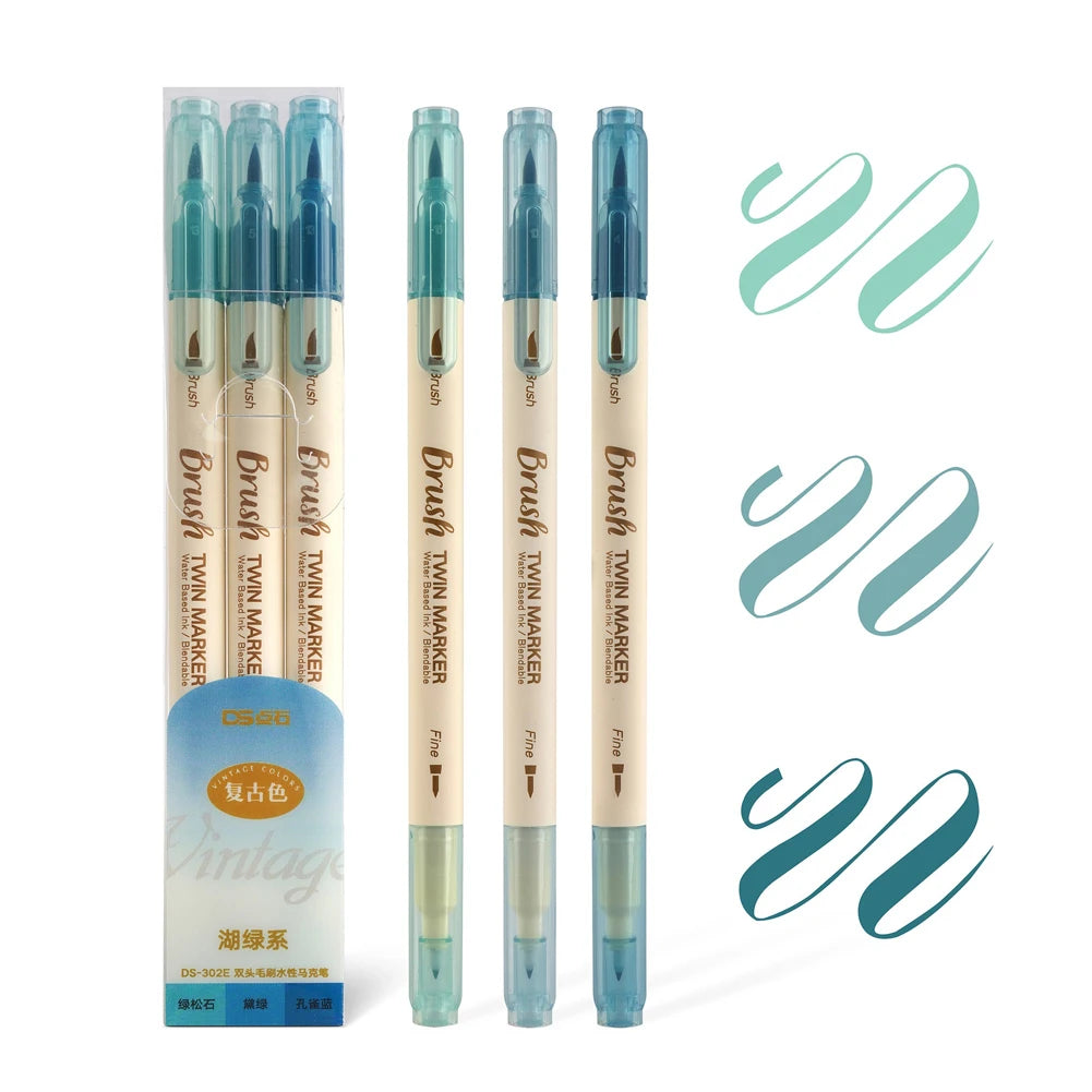 3pcs Twin Marker Pens Painting Brush Retro Color Fine Liner Blendable Watercolor