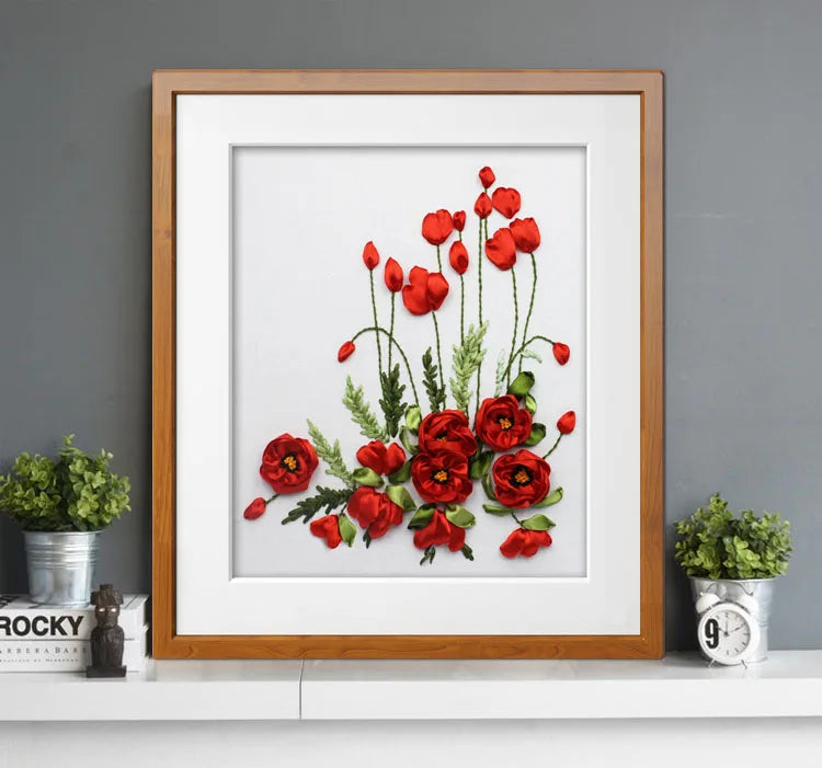 Red poppy flower Ribbon embroidery kit