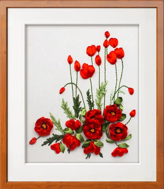 Red poppy flower Ribbon embroidery kit