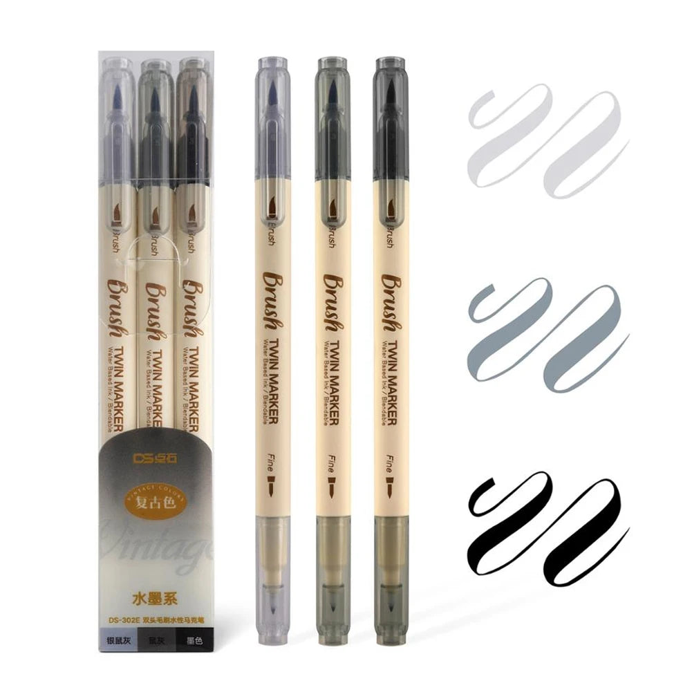 3pcs Twin Marker Pens Painting Brush Retro Color  Fine Liner Blendable Watercolor