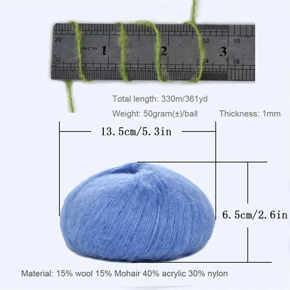 1pcs 50g Mohair Silk Wool Yarn 15% Wool 15% Mohair 40% Acrylic 30%