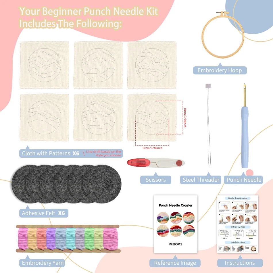 Punch Needle Coaster Kit 6PCS  Kit for Beginners