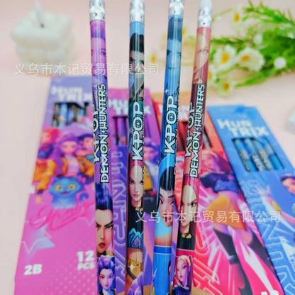 12Pcs Kpop Demon Hunters Huntrix 2B Pencils Wood Graphite Sketch Pencils
