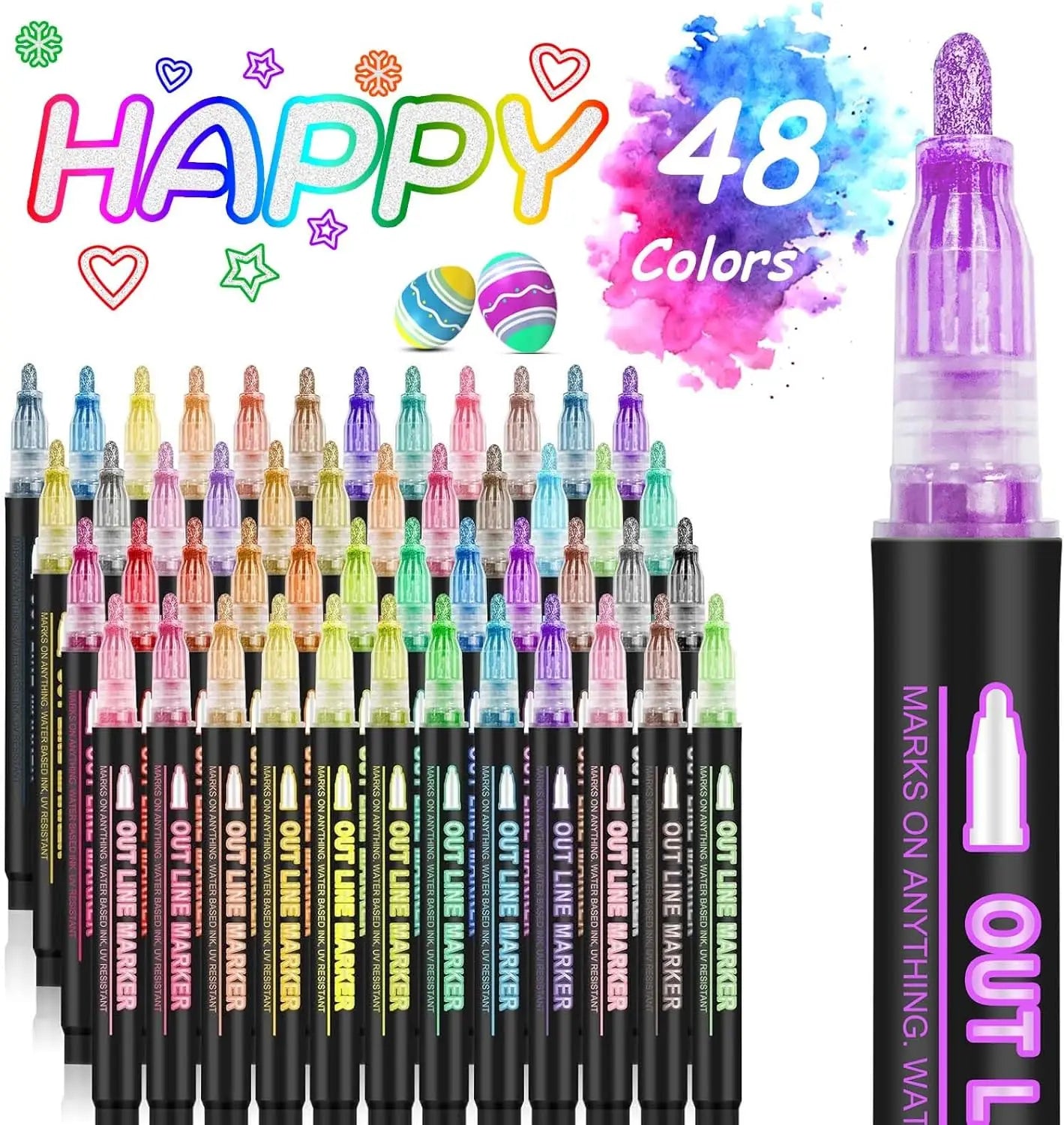 12-48 Colors Double Line Outline Metallic Highlighter Pens