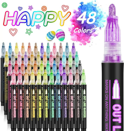 12-48 Colors Double Line Outline Metallic Highlighter Pens