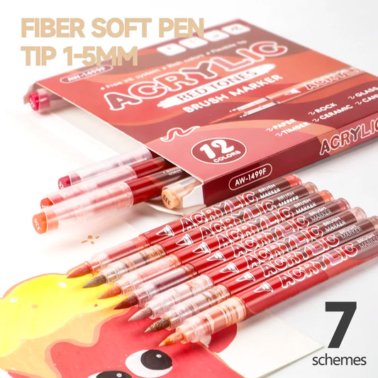 12 Colors Acrylic Markers Soft Brush Pen Tip 7 Color Systems