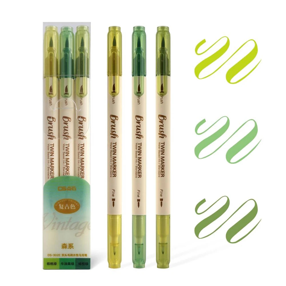 3pcs Twin Marker Pens Painting Brush Retro Color  Fine Liner Blendable Watercolor