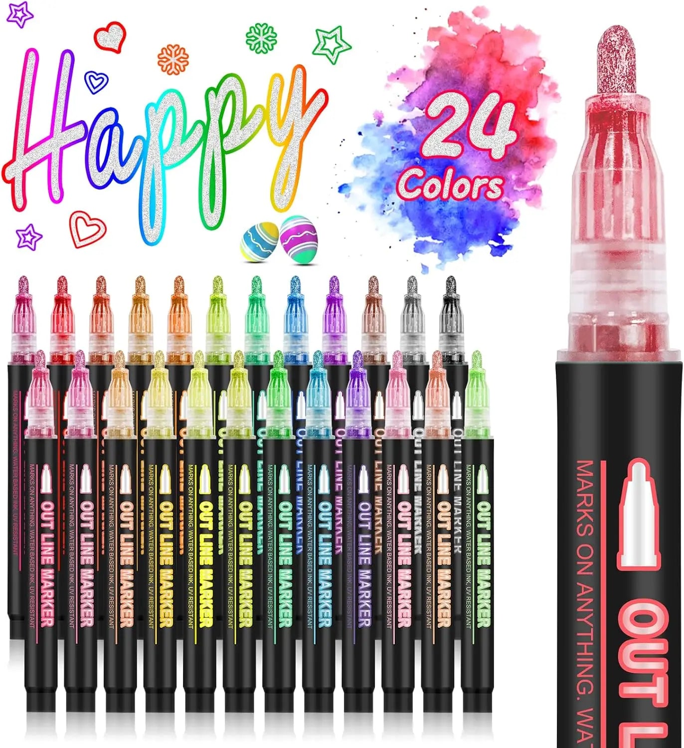 12-48 Colors Double Line Outline Metallic Highlighter Pens