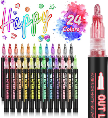 12-48 Colors Double Line Outline Metallic Highlighter Pens