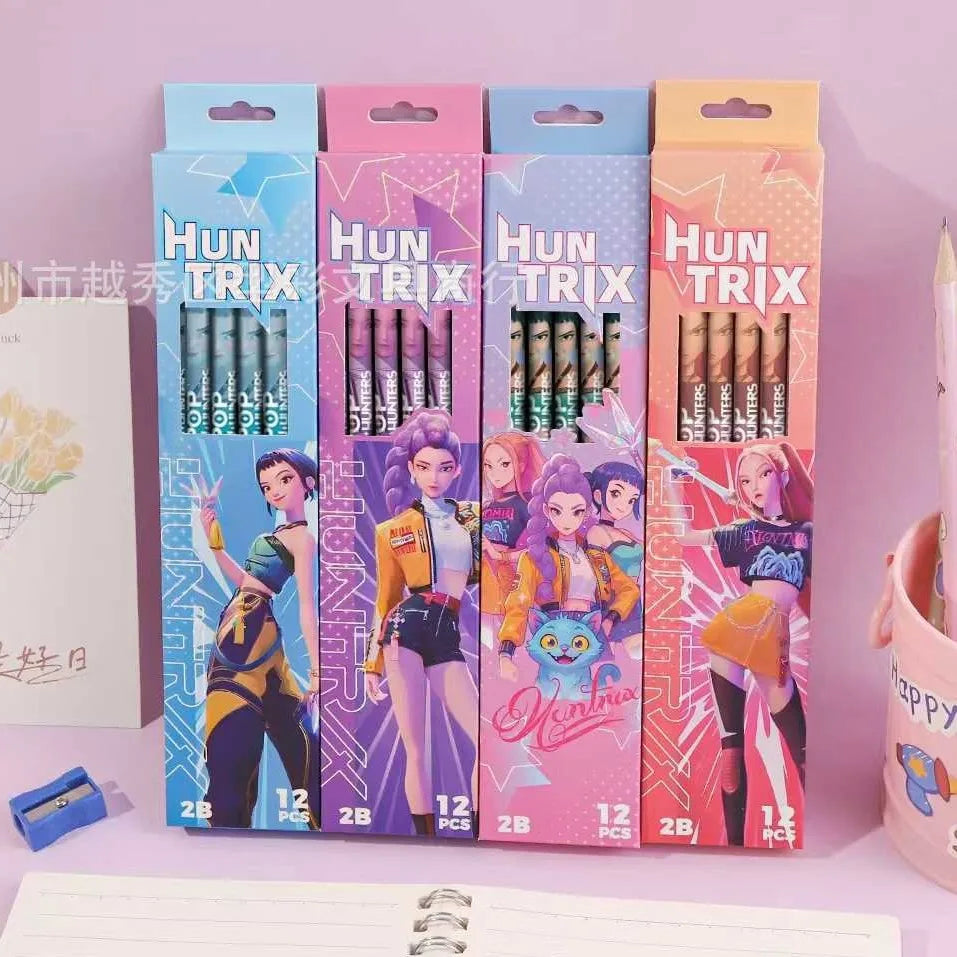 12Pcs Kpop Demon Hunters Huntrix 2B Pencils Wood Graphite Sketch Pencils