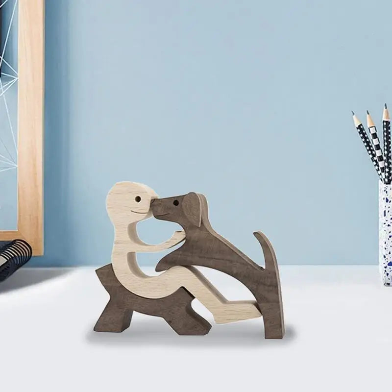 Cute Wood Dog or Cat and Human Statue