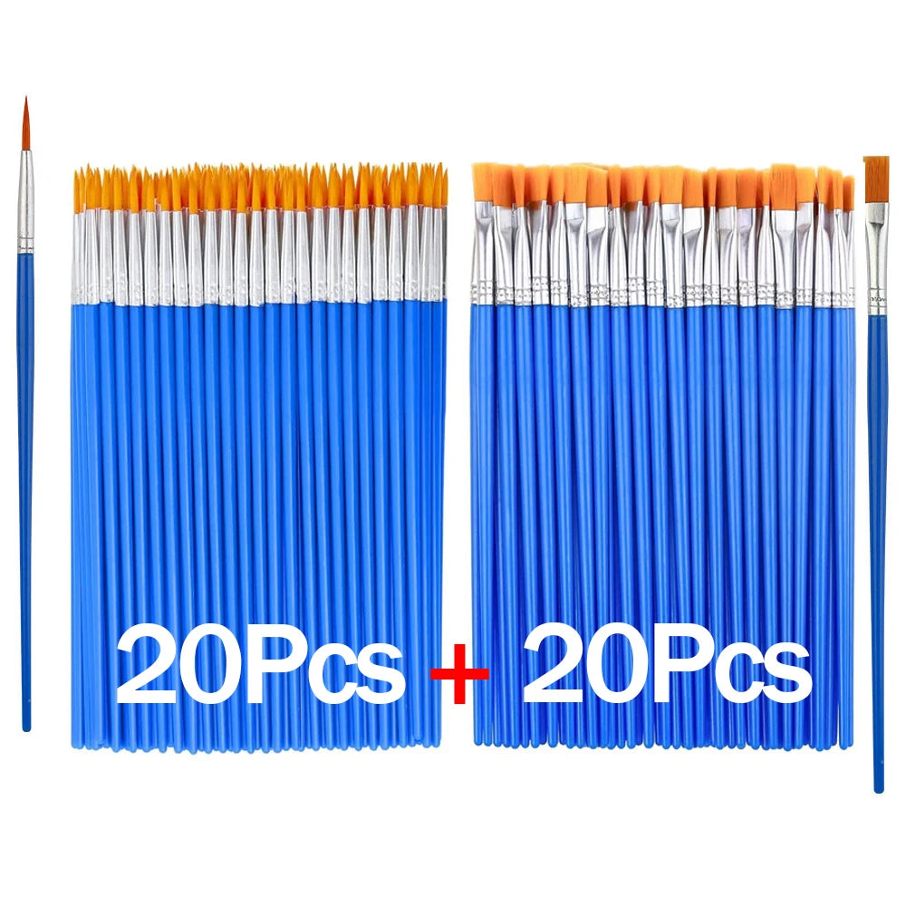 20-200Pcs Painting Brushes Set Art Round Flat Nylon Hair Paint Brush