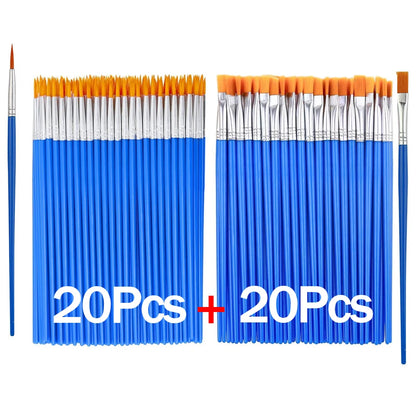 20-200Pcs Painting Brushes Set Art Round Flat Nylon Hair Paint Brush