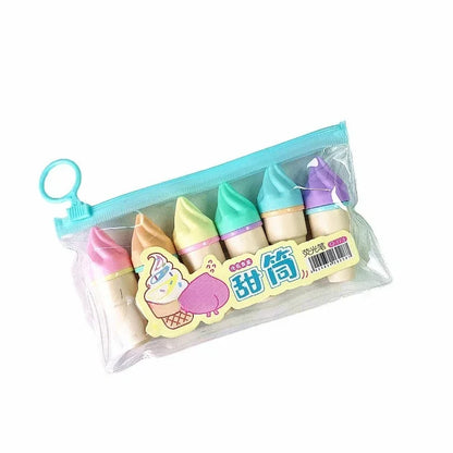 6Pcs Cute Ice Cream Highlighters Set Mini Marker Pens