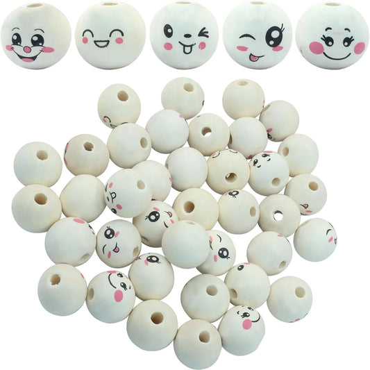 50pcs Loose Smile Beads, 20mm Round Natural Wood Beads