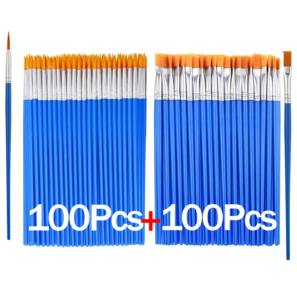 20-200Pcs Painting Brushes Set Art Round Flat Nylon Hair Paint Brush