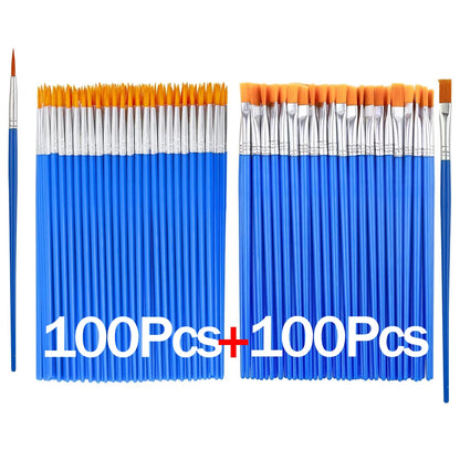 20-200Pcs Painting Brushes Set Art Round Flat Nylon Hair Paint Brush