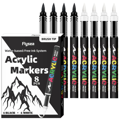8pcs Black and White Acrylic Paint Markers Set, Large Ink Capacity