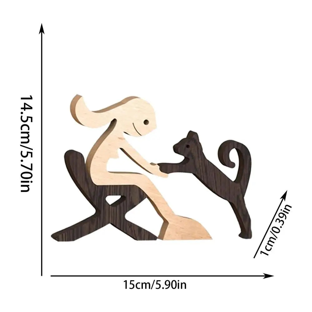 Cute Wood Dog or Cat and Human Statue