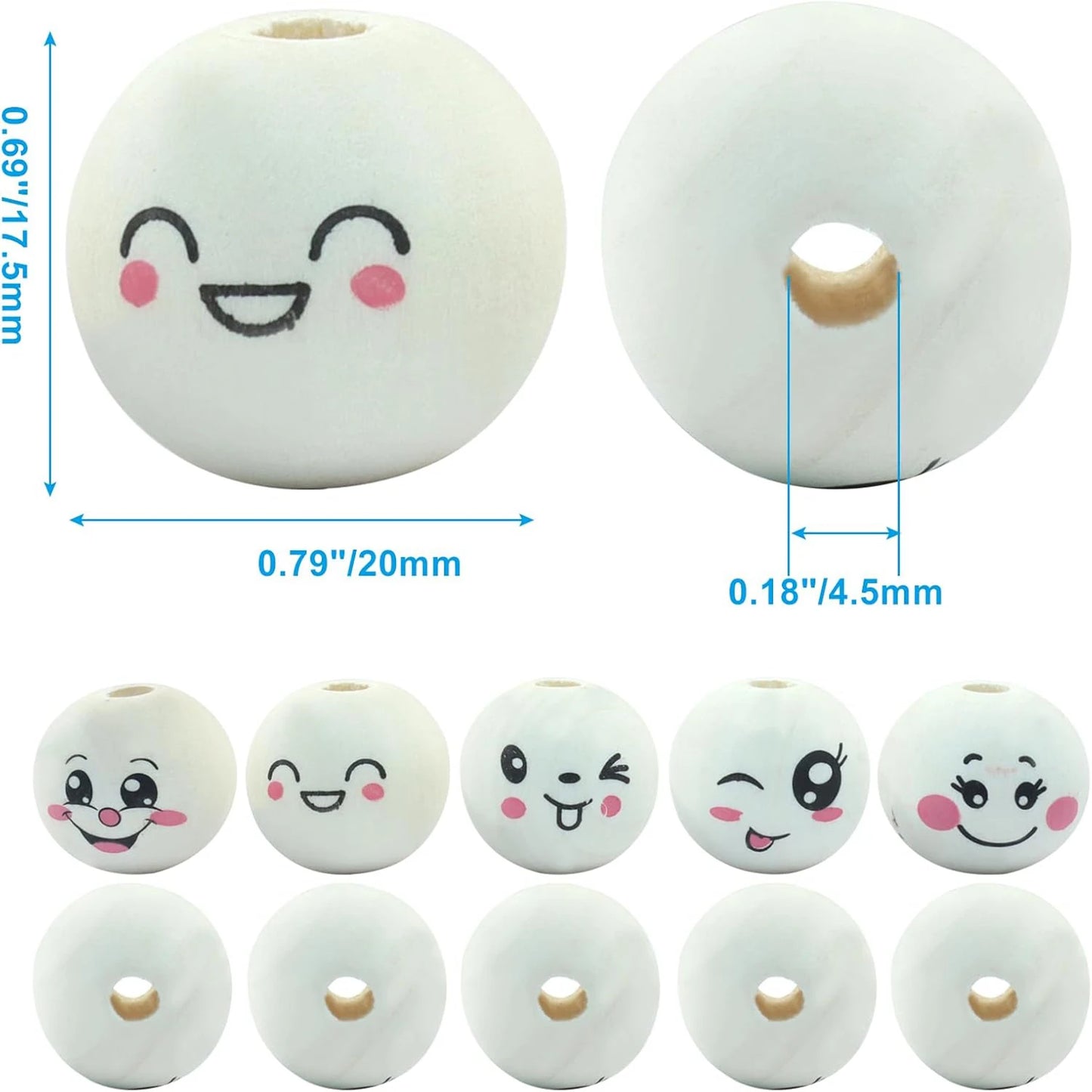 50pcs Loose Smile Beads, 20mm Round Natural Wood Beads