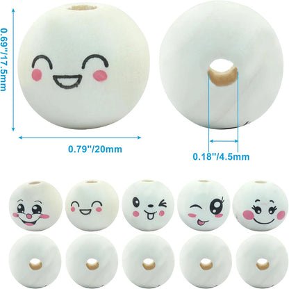 50pcs Loose Smile Beads, 20mm Round Natural Wood Beads