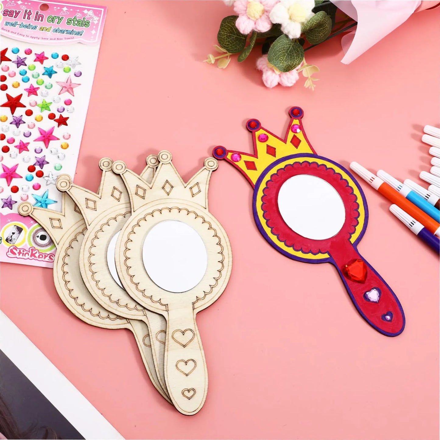 8Pcs Wooden Mirror Craft Kids Decorate