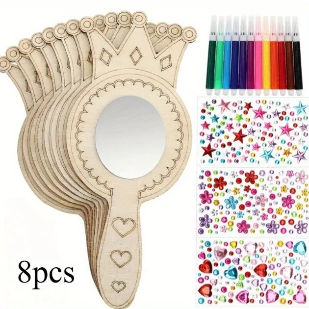 8Pcs Wooden Mirror Craft Kids Decorate