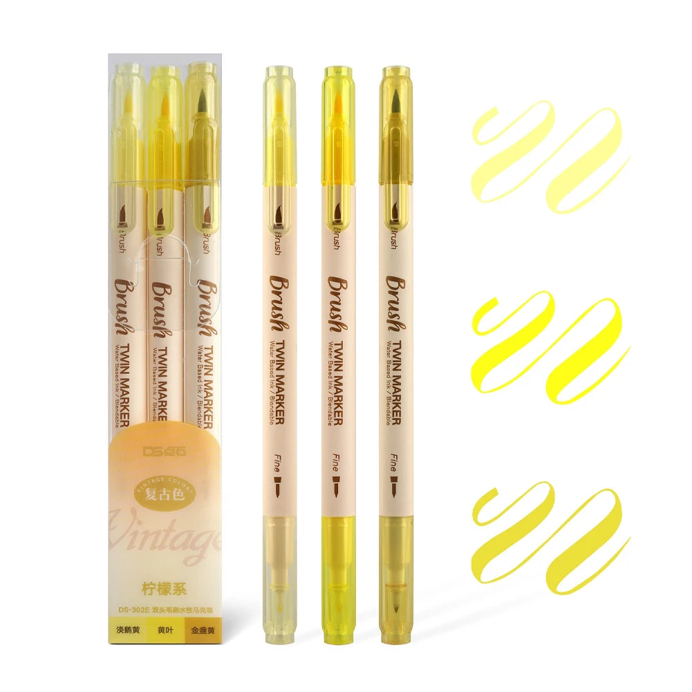 3pcs Twin Marker Pens Painting Brush Retro Color  Fine Liner Blendable Watercolor