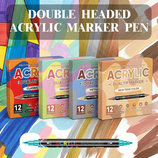 12 Colors Double Headed Acrylic Markers Soft/Hard Pen Tip for Student