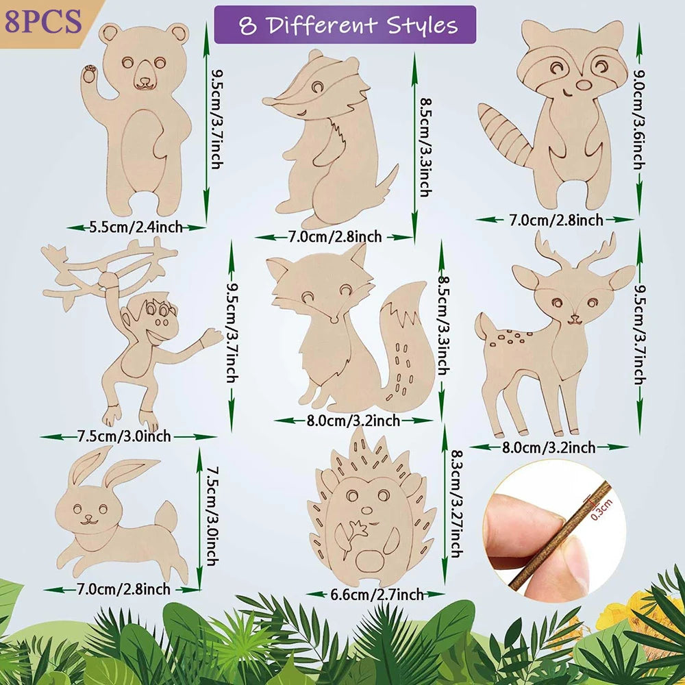 8pcs/set Unfinished Wooden Jungle Animal Cutouts
