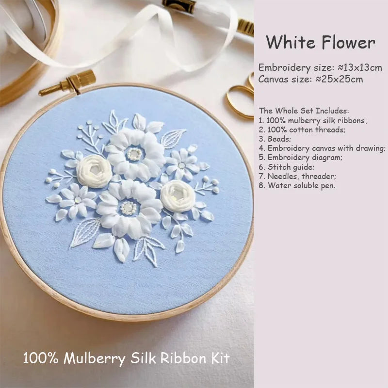 Mulberry Silk Ribbon Embroidery Kit Set White Flower Rose with Beads