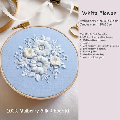 Mulberry Silk Ribbon Embroidery Kit Set White Flower Rose with Beads