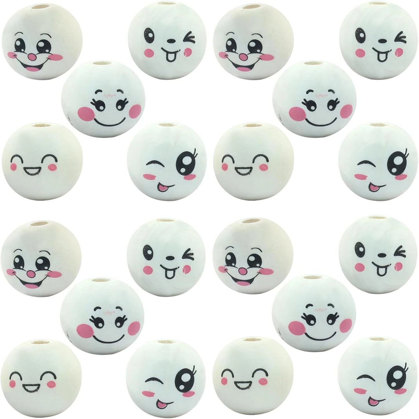 50pcs Loose Smile Beads, 20mm Round Natural Wood Beads