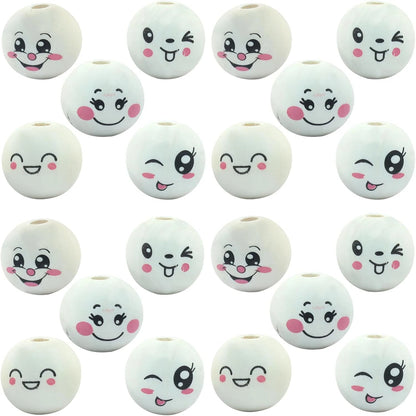 50pcs Loose Smile Beads, 20mm Round Natural Wood Beads