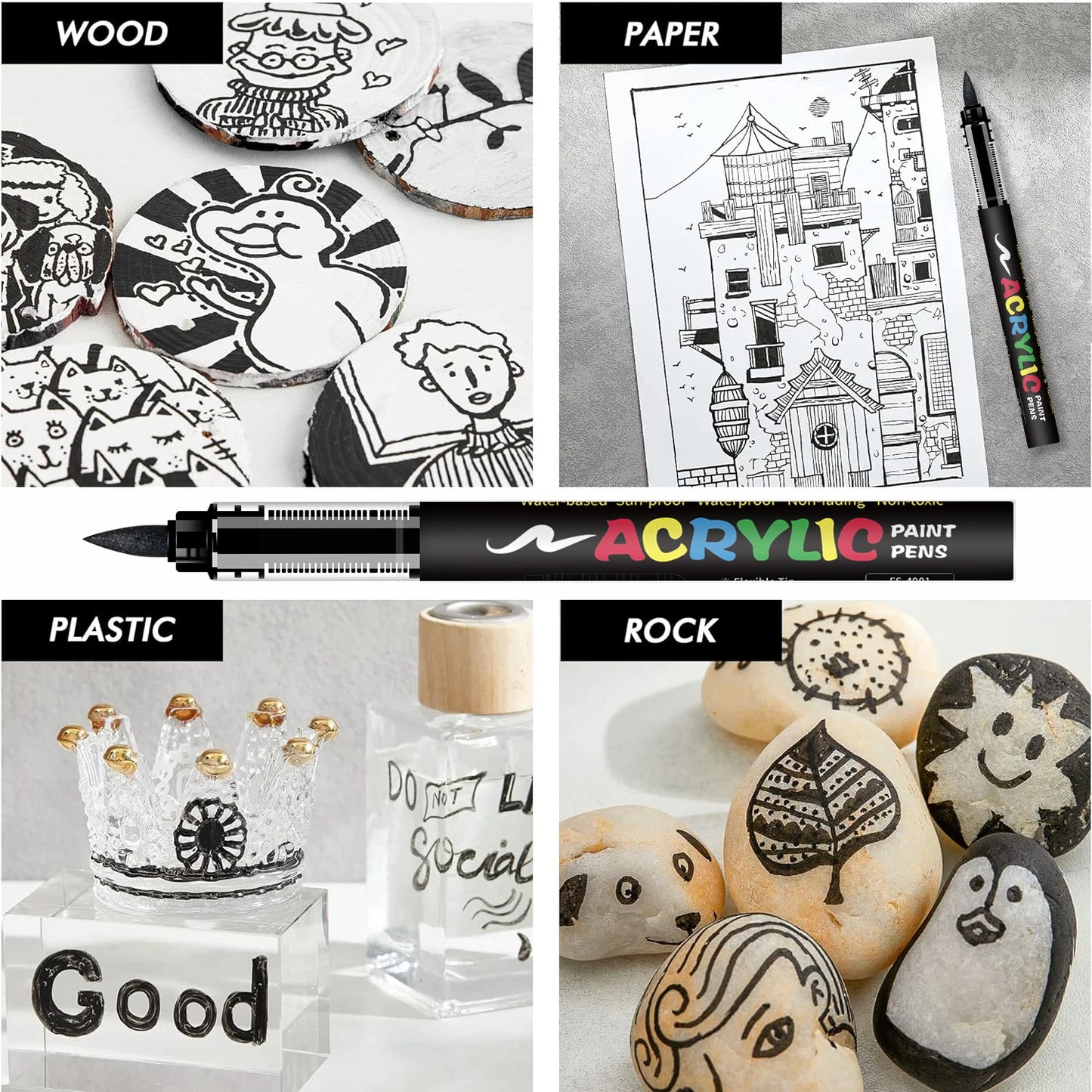 8pcs Black and White Acrylic Paint Markers Set, Large Ink Capacity