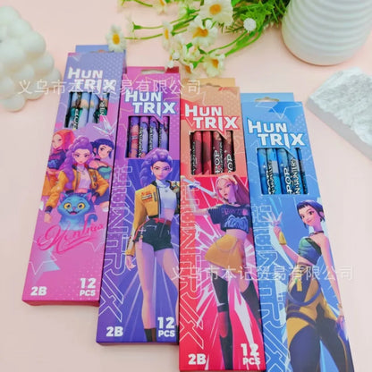 12Pcs Kpop Demon Hunters Huntrix 2B Pencils Wood Graphite Sketch Pencils