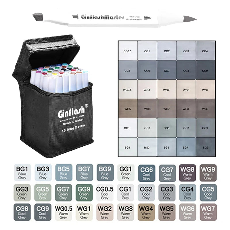 Ginflash Brush&Chisel 30Colors Gray Tone Set Matching Art Markers