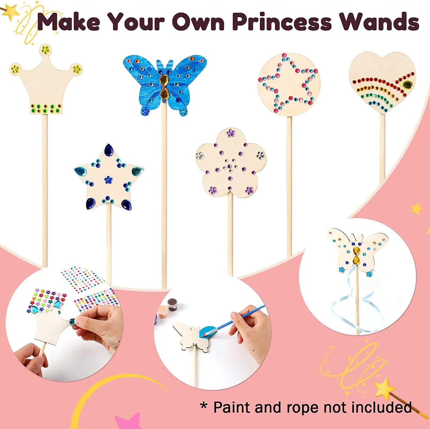 6/12Pcs DIY Wooden Princess Wands Craft Kit Unfinished Wooden Wands