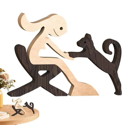 Cute Wood Dog or Cat and Human Statue