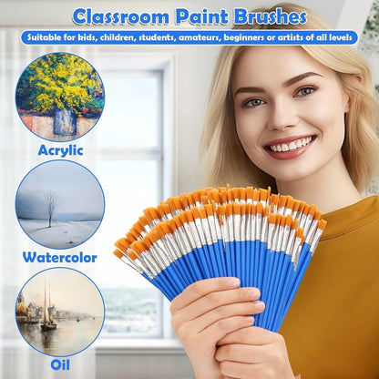 20-200Pcs Painting Brushes Set Art Round Flat Nylon Hair Paint Brush