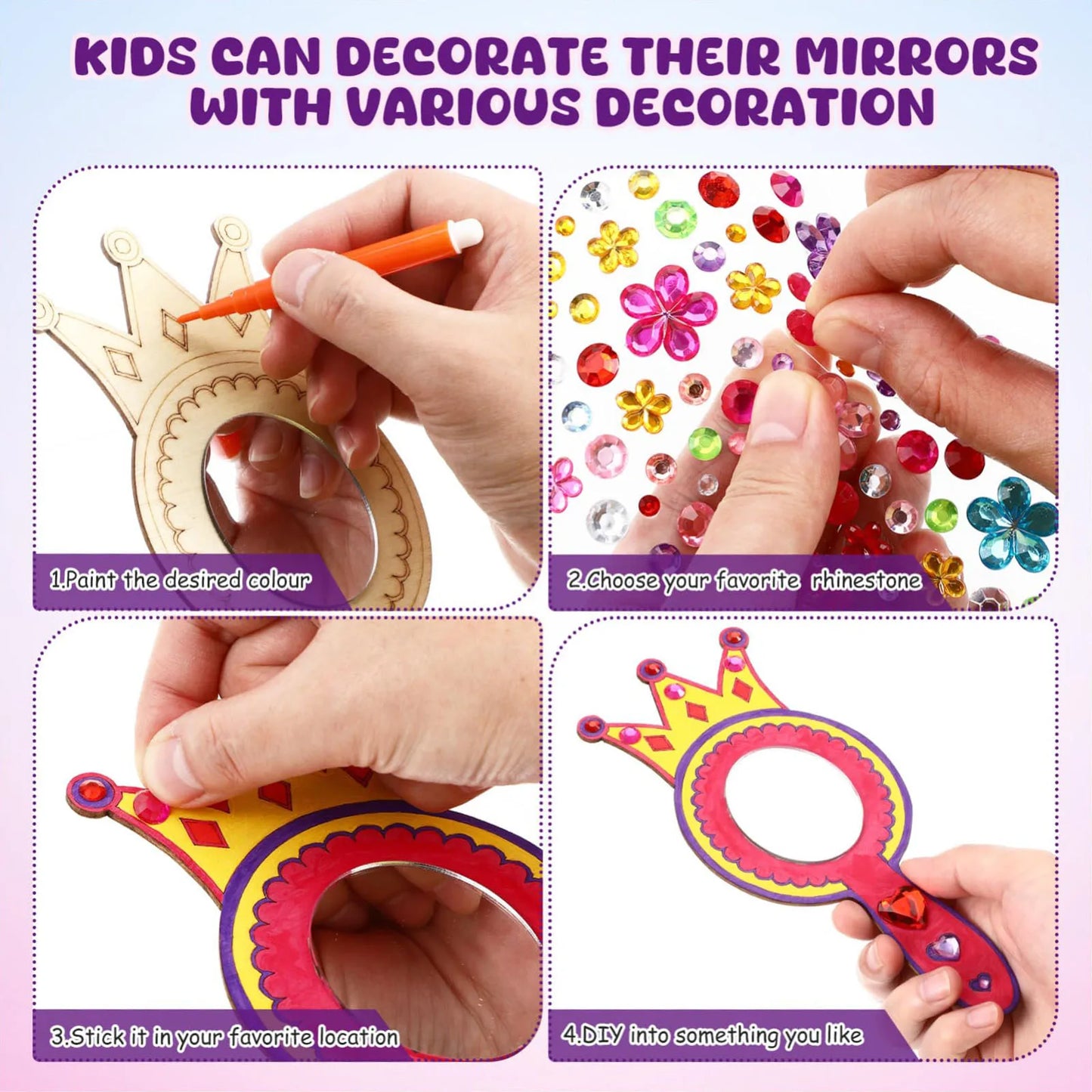 8Pcs Wooden Mirror Craft Kids Decorate