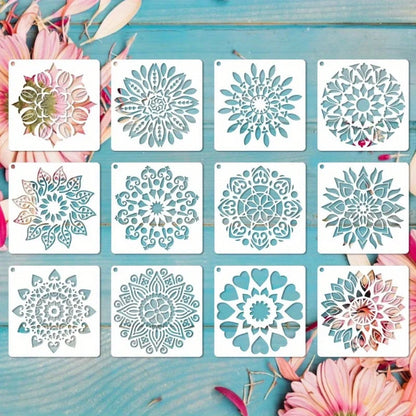 12-Piece Mandala Dotting Stencils Kit - Reusable & Washable PET Plastic Painting Templates