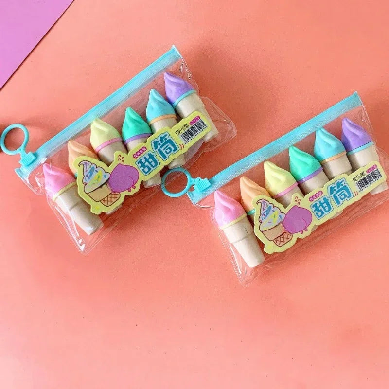 6Pcs Cute Ice Cream Highlighters Set Mini Marker Pens