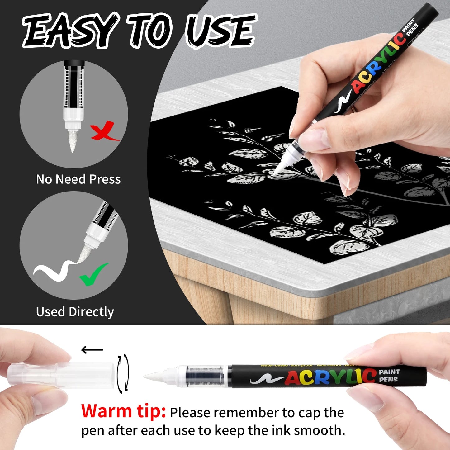 8pcs Black and White Acrylic Paint Markers Set, Large Ink Capacity