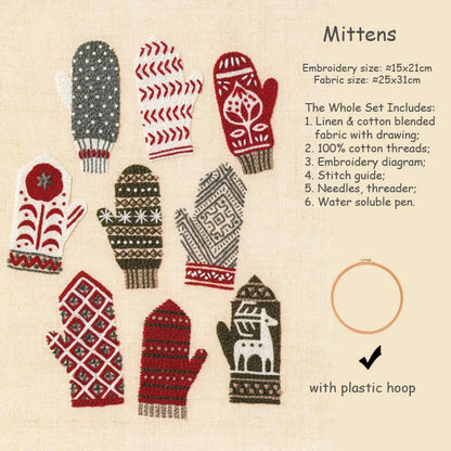 Vintage Stamped Embroidery Set Kit Mittens