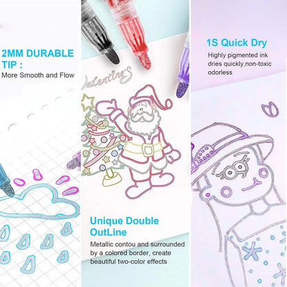 12-48 Colors Double Line Outline Metallic Highlighter Pens