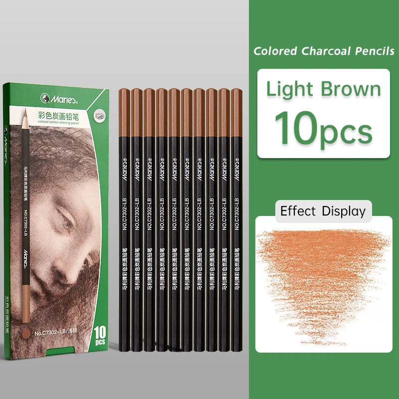 10pcs Marie's Professional Colored Charcoal Pencils Set,Skin Tone Color
