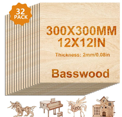 4/8/16/32pieces of unfinished basswood plywood, 12x12 inches, 2mm thick,