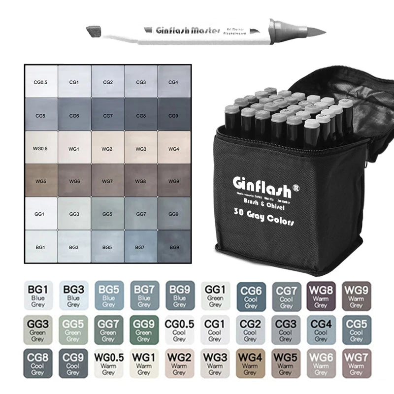 Ginflash Brush&Chisel 30Colors Gray Tone Set Matching Art Markers