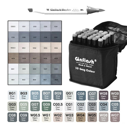 Ginflash Brush&Chisel 30Colors Gray Tone Set Matching Art Markers